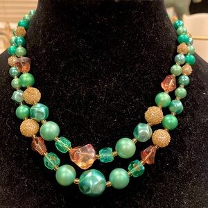 Japan 2 Strand Lucite Beaded Necklace with Sugar Beads   Gold Tone Findings